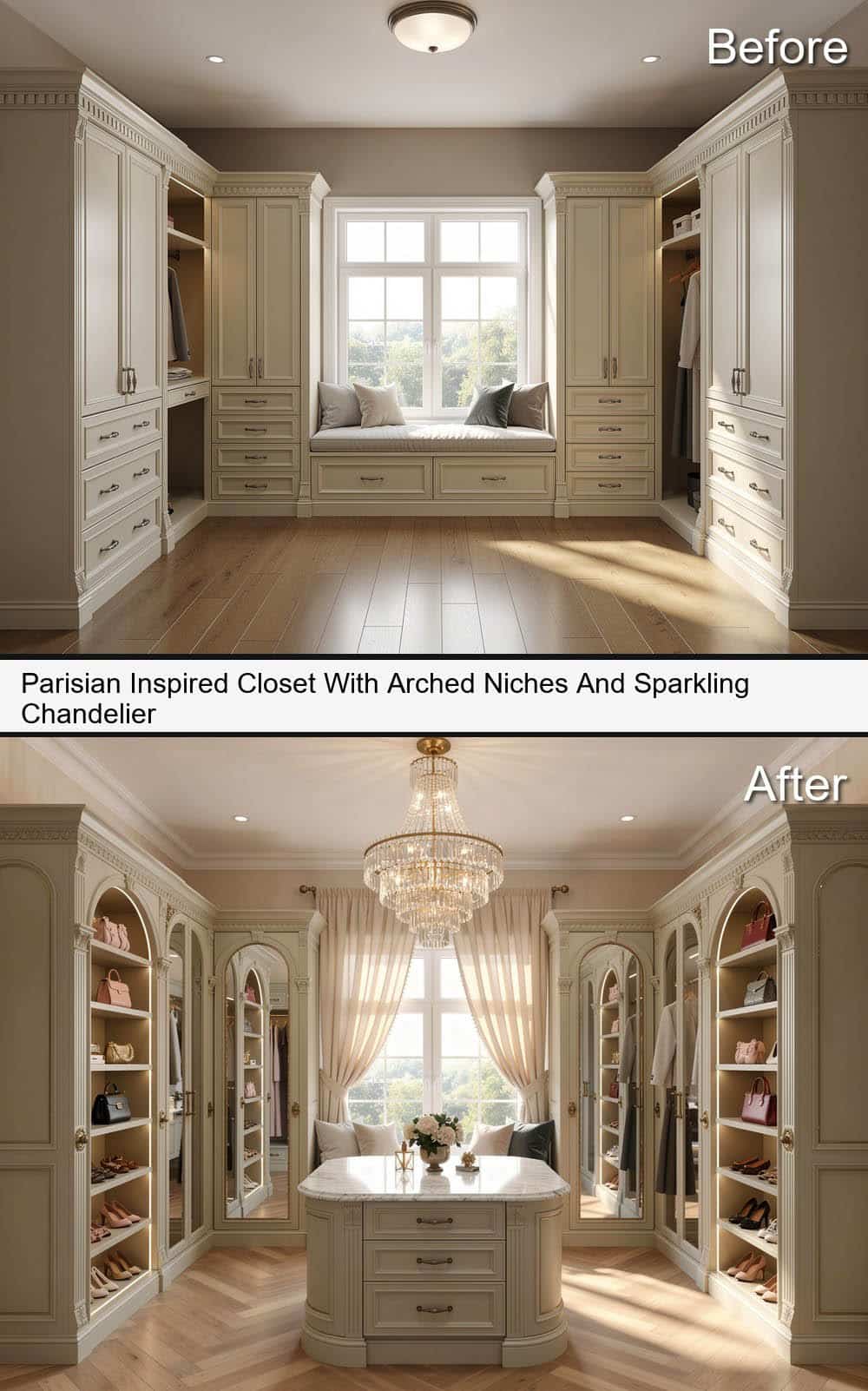 Parisian Inspired Closet With Arched Niches And Sparkling Chandelier