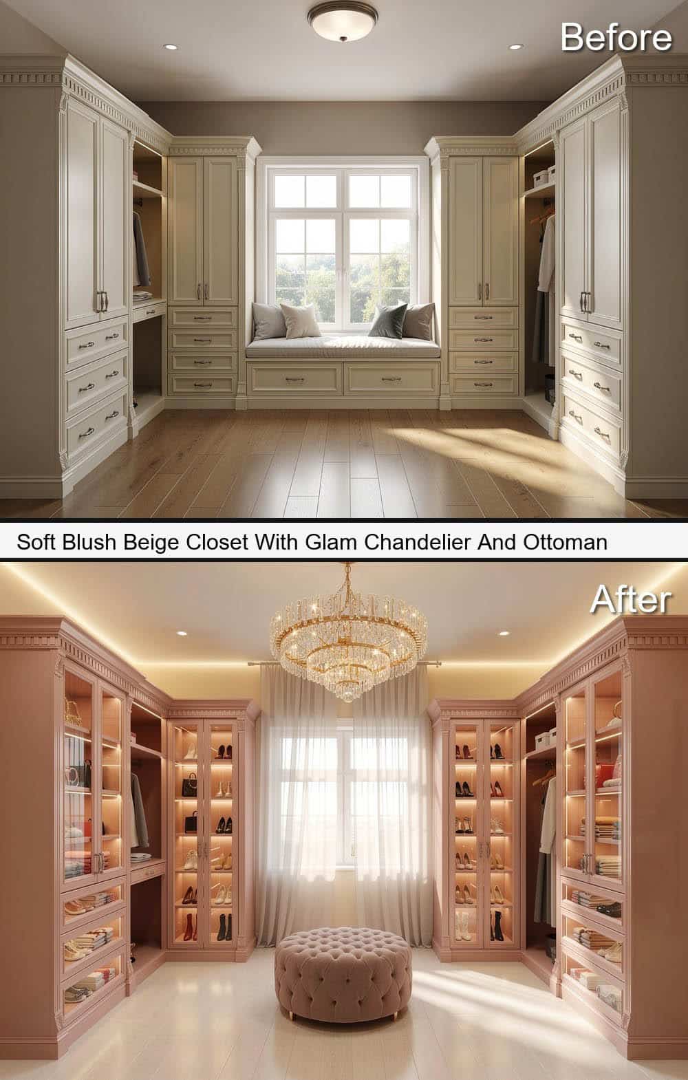 Soft Blush Beige Closet With Glam Chandelier And Ottoman