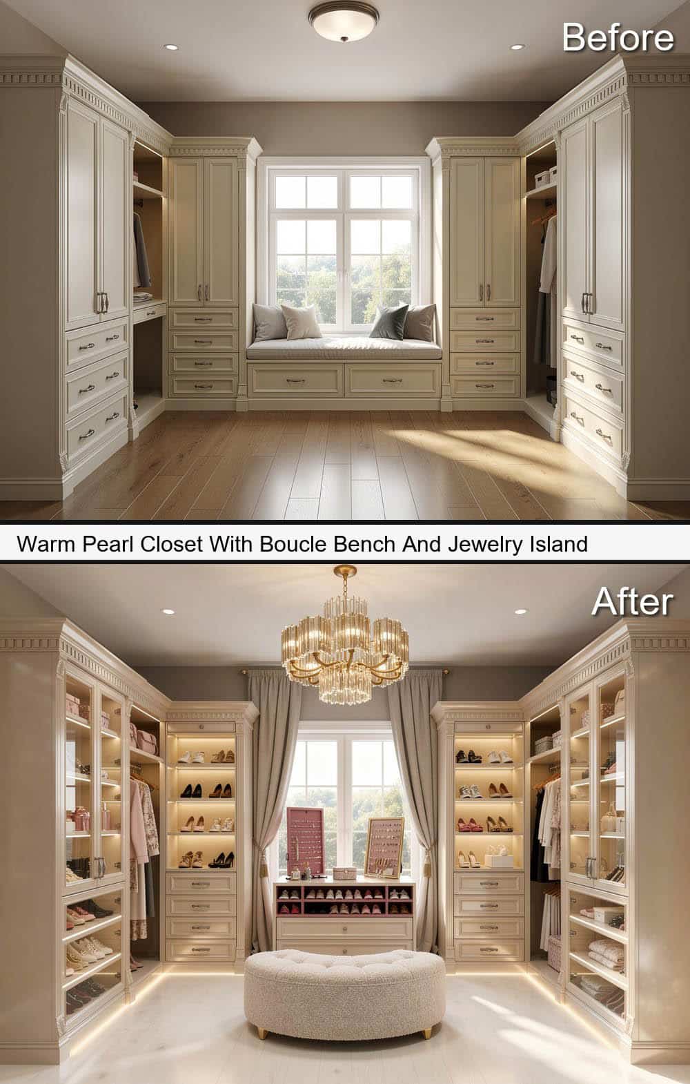 Warm Pearl Closet With Boucle Bench And Jewelry Island