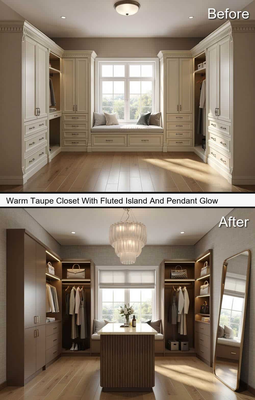 Warm Taupe Closet With Fluted Island And Pendant Glow