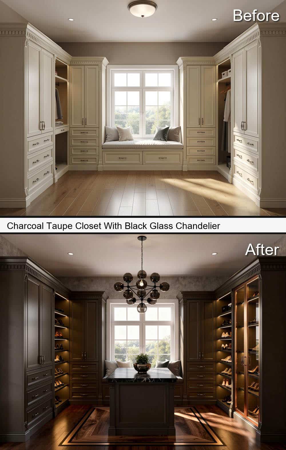 Charcoal Taupe Closet With Black Glass Chandelier