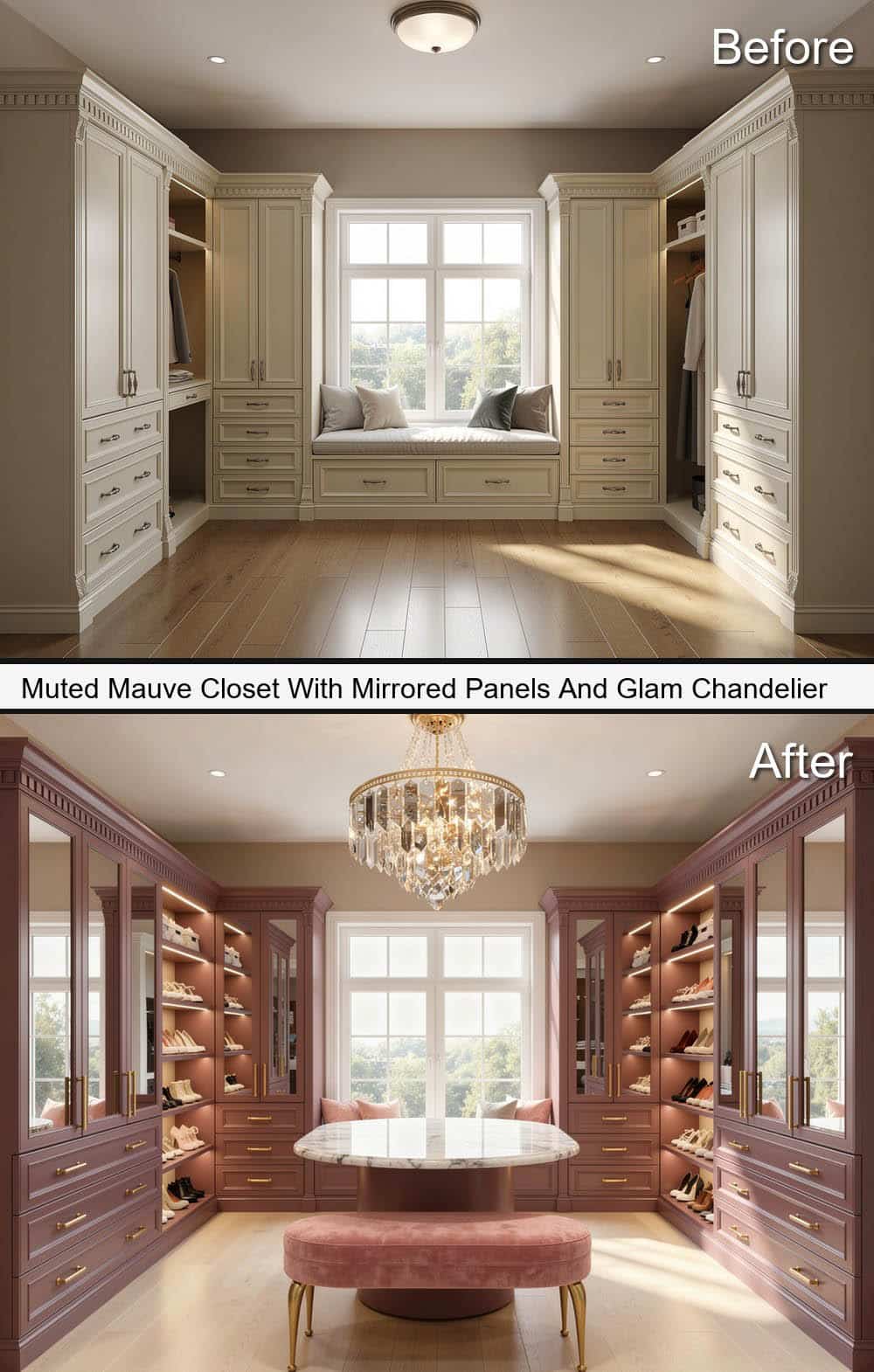 Muted Mauve Closet With Mirrored Panels And Glam Chandelier