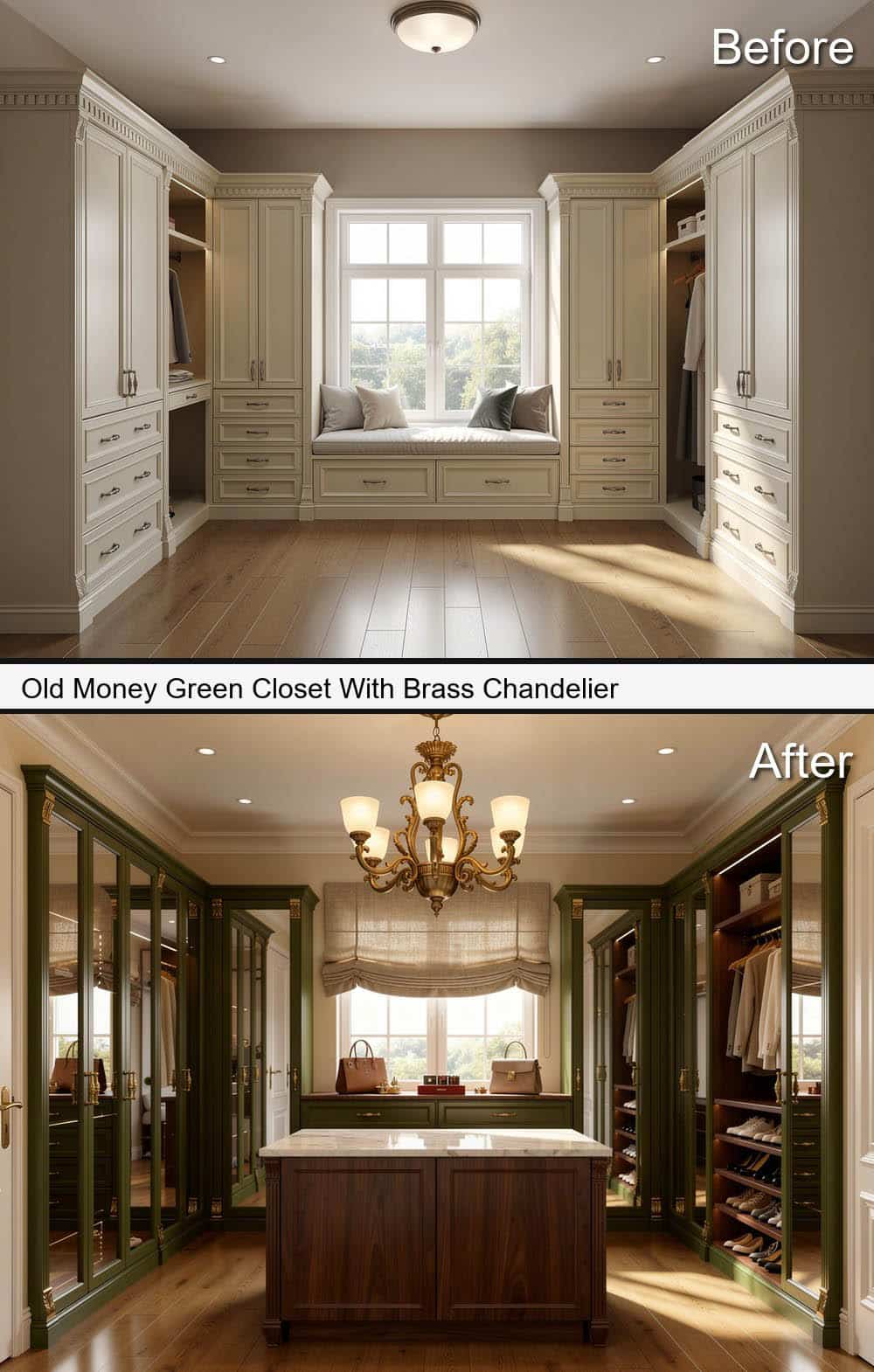 Old Money Green Closet With Brass Chandelier