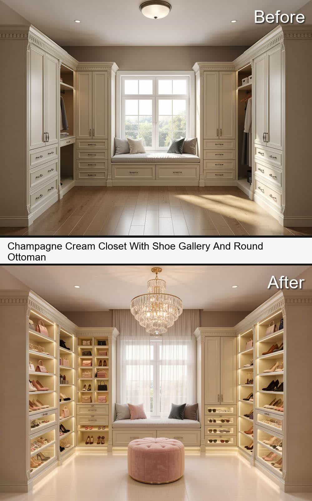 Champagne Cream Closet With Shoe Gallery And Round Ottoman