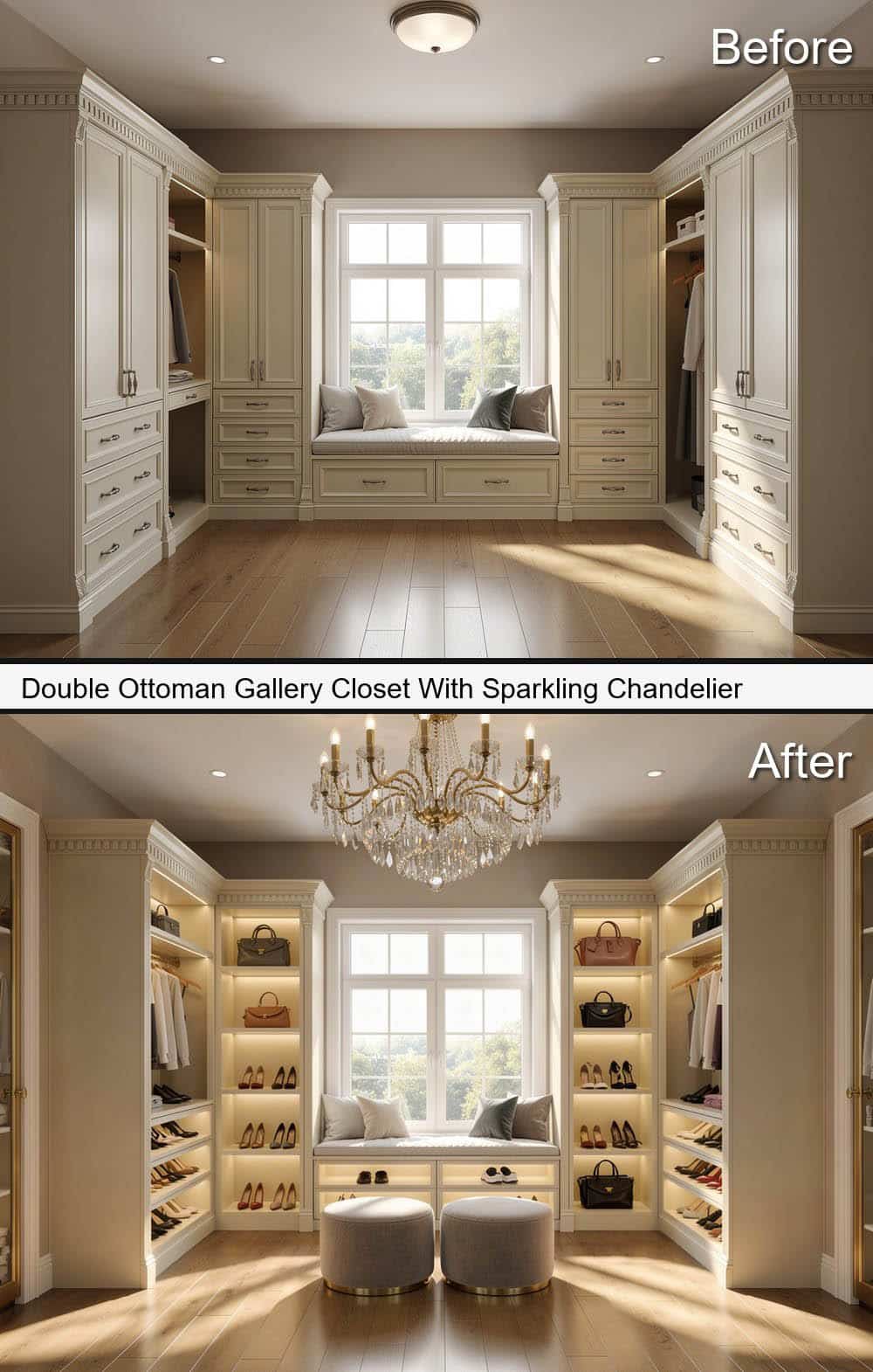Double Ottoman Gallery Closet With Sparkling Chandelier