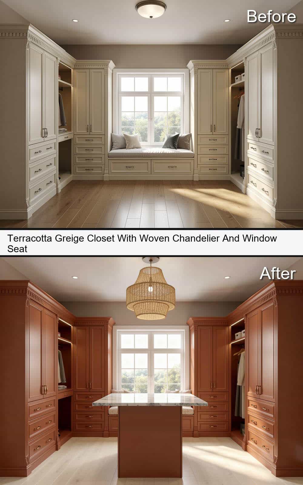 Terracotta Greige Closet With Woven Chandelier And Window Seat