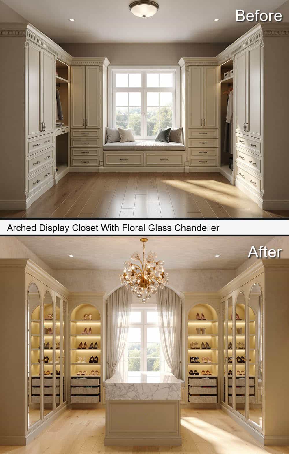 Arched Display Closet With Floral Glass Chandelier