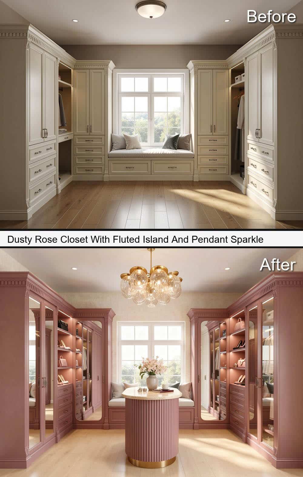 Dusty Rose Closet With Fluted Island And Pendant Sparkle