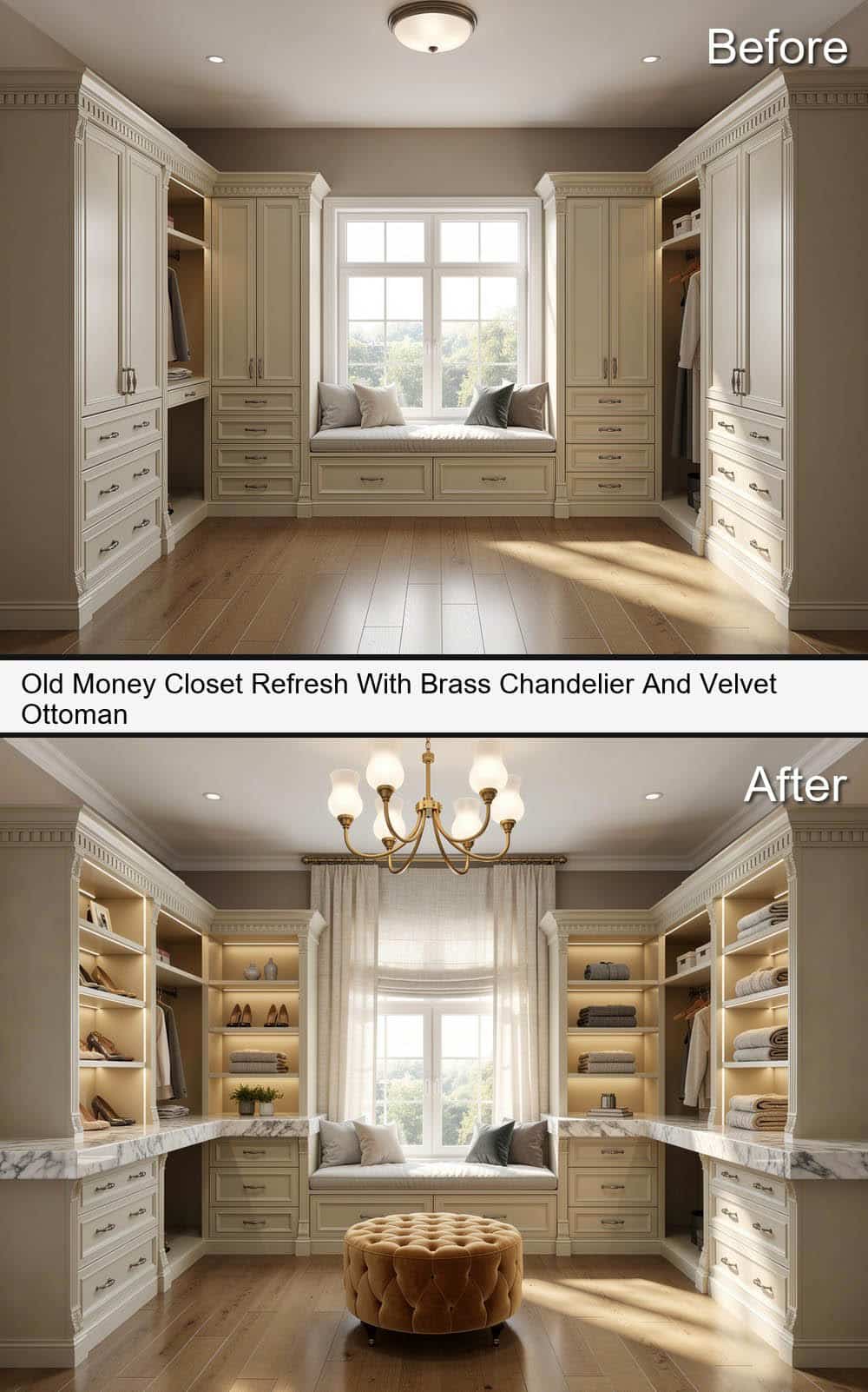 Old Money Closet Refresh With Brass Chandelier And Velvet Ottoman