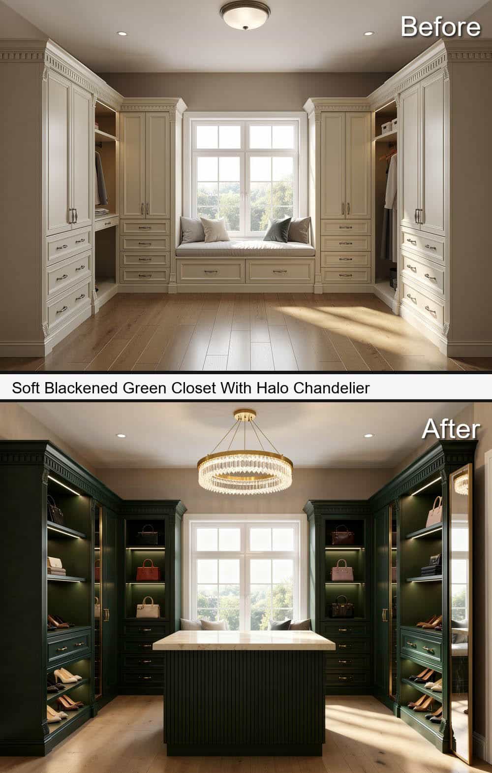 Soft Blackened Green Closet With Halo Chandelier