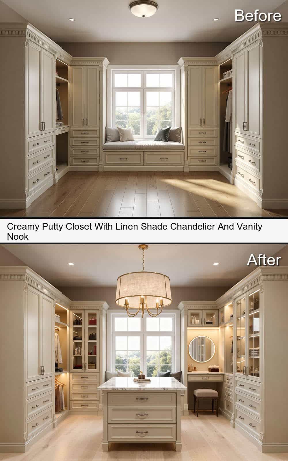 Creamy Putty Closet With Linen Shade Chandelier And Vanity Nook