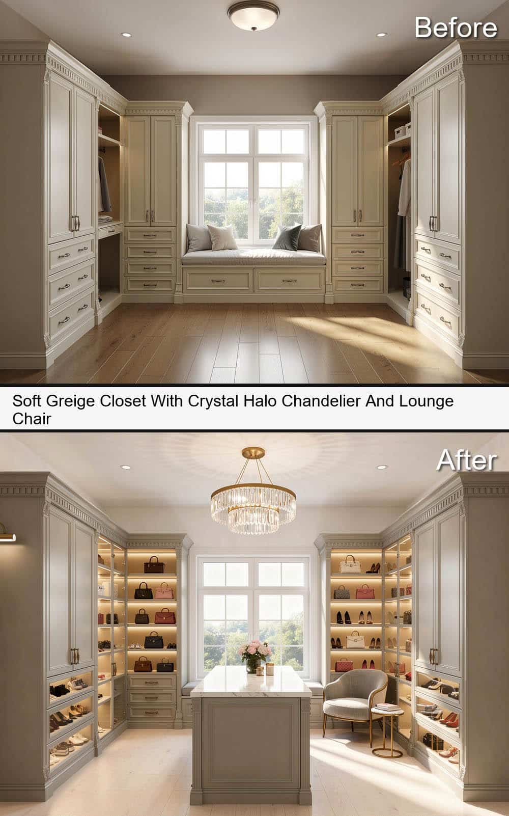 Soft Greige Closet With Crystal Halo Chandelier And Lounge Chair
