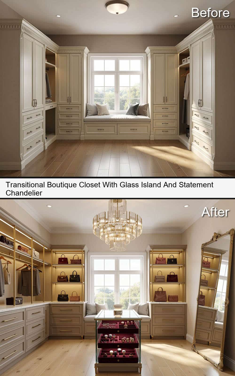 Transitional Boutique Closet With Glass Island And Statement Chandelier