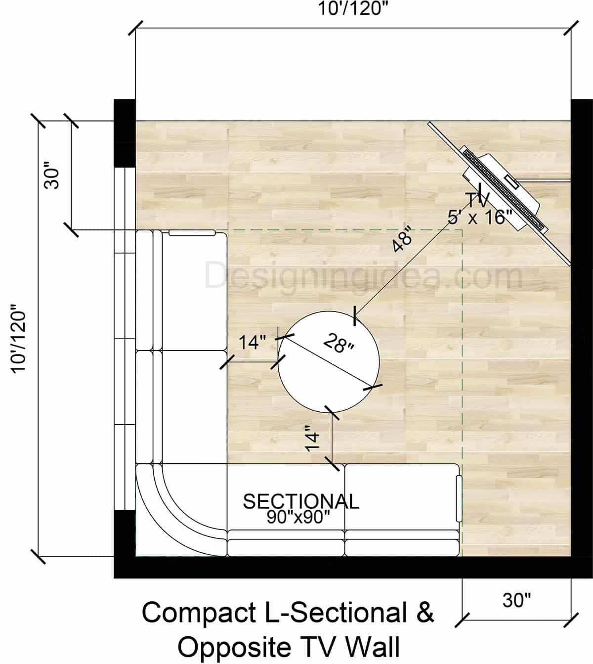 Compact L-Sectional & Opposite TV Wall Layout