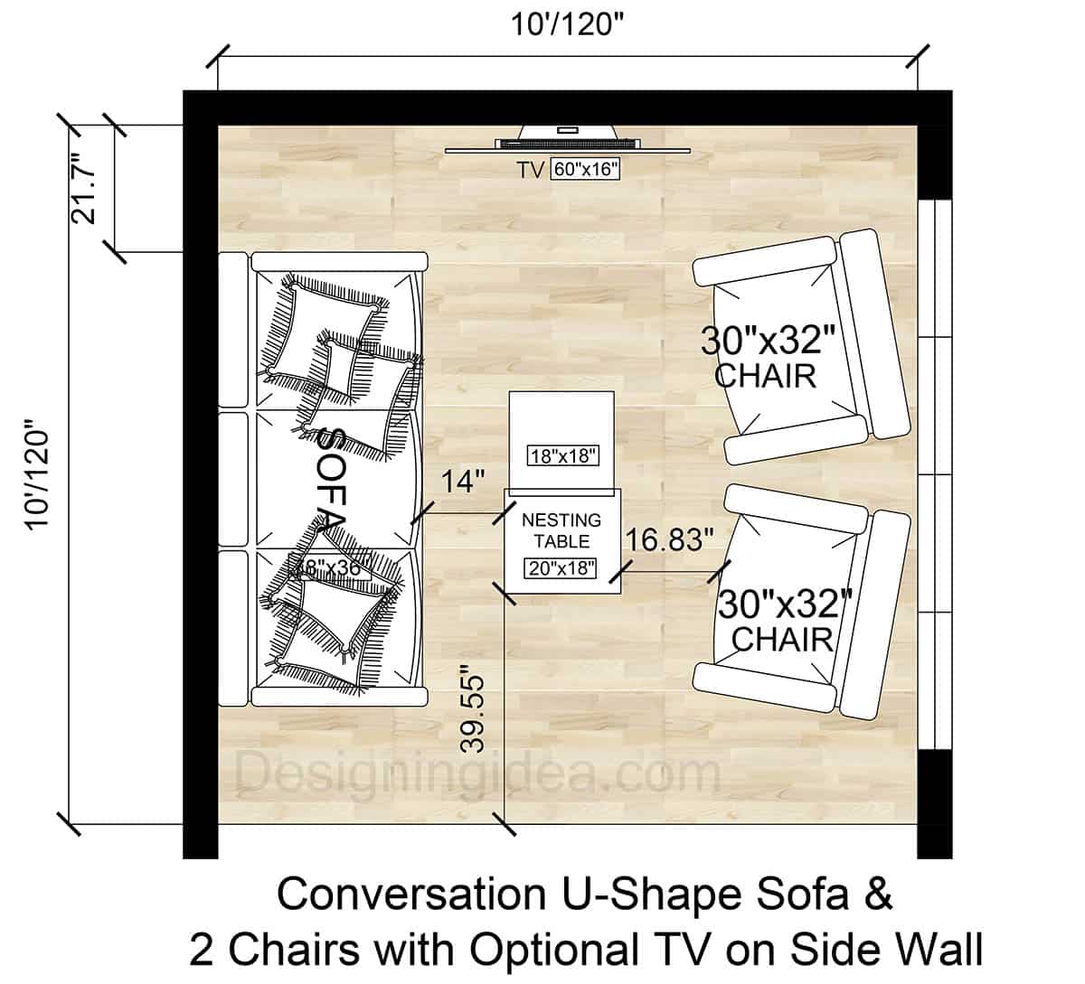 Conversation Room Layout with U-Shape Sofa & 2 Chairs with Optional TV on Side Wall