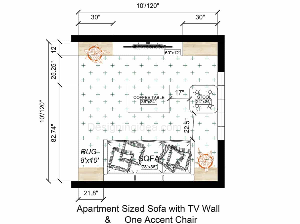 Apartment Sized Sofa with TV Wall & One Accent Chair Floor Plan