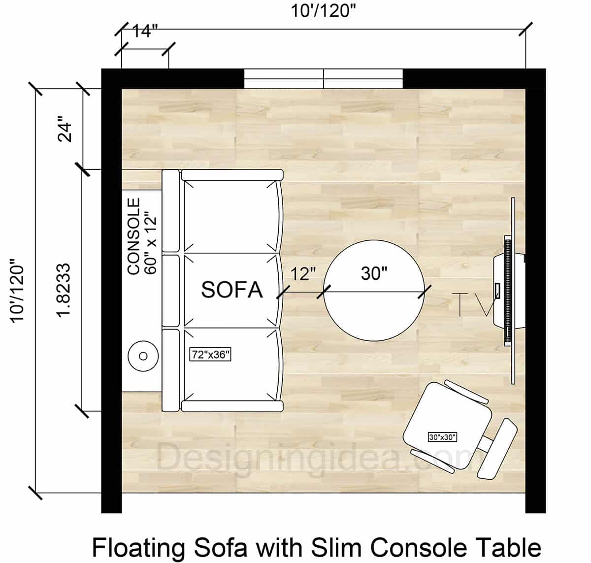 Living Room Layout with Floating Sofa and Slim Console Table