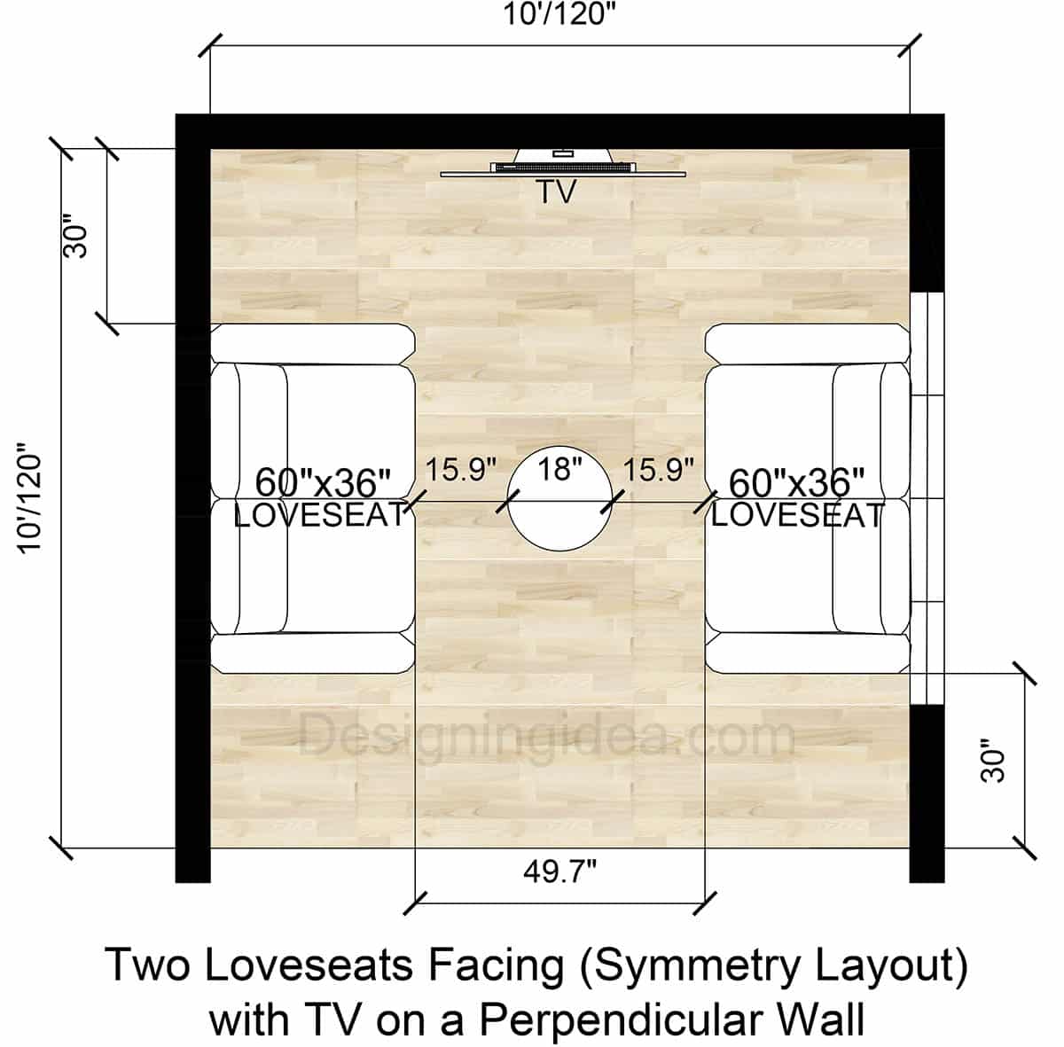 Two Loveseats Facing (Symmetrical Layout) with TV on a Perpendicular Wall