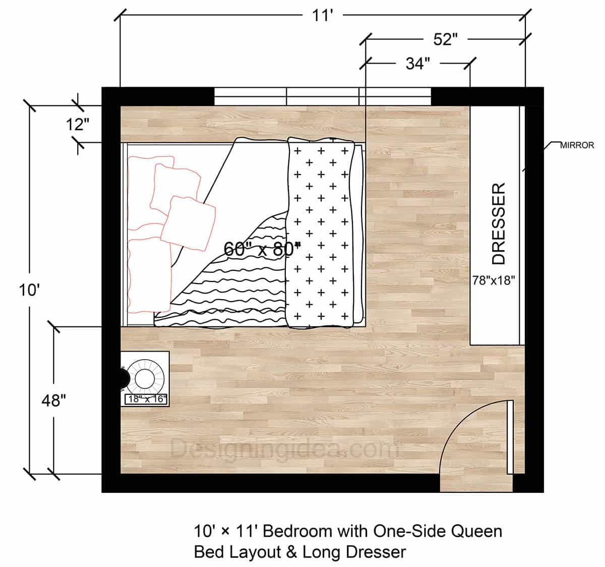 10×11 Bedroom Layout with One-Side Queen Size Bed & Long Dresser