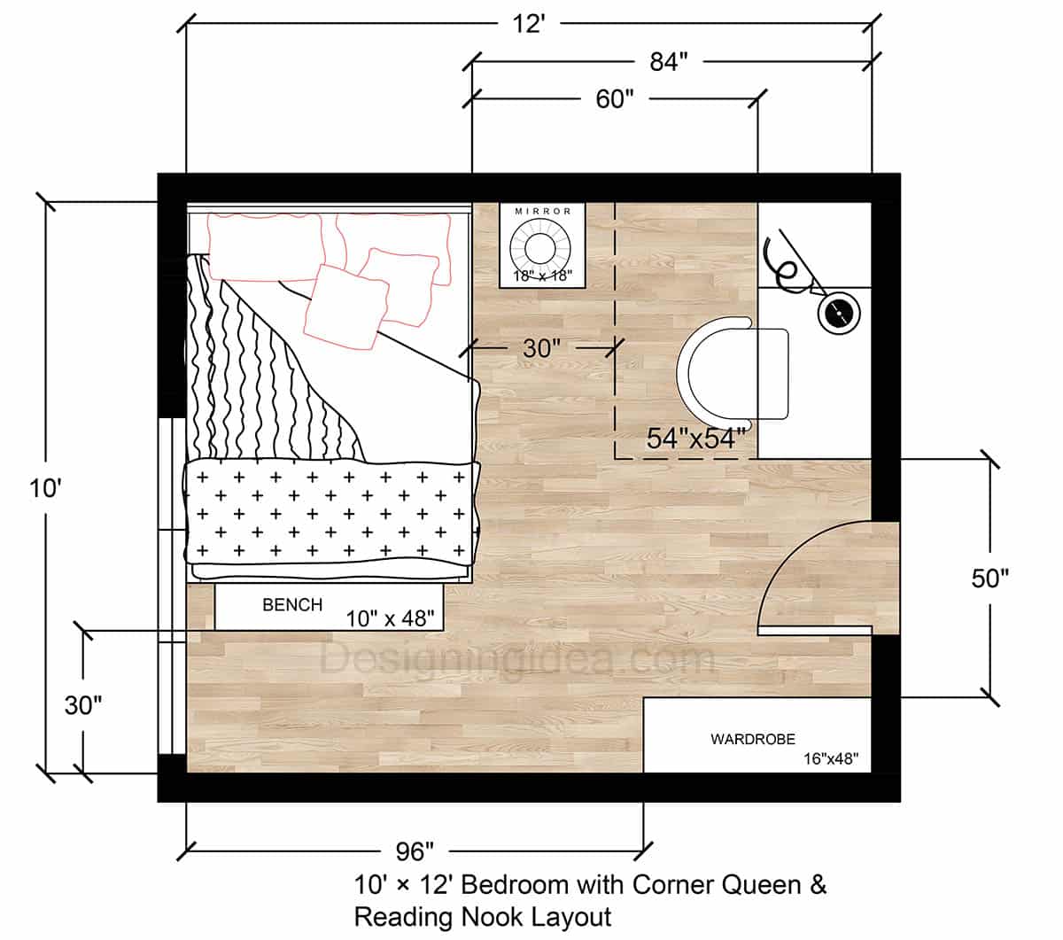10×12 Bedroom Floor Plan with Corner Queen & Reading Nook&nbsp;
