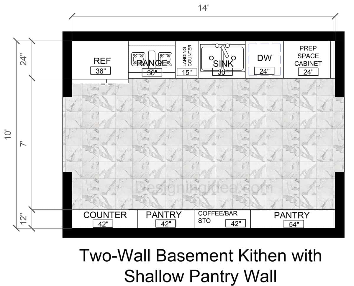 10x14 Two-Wall Basement Design Kitchen with Shallow Pantry Wall