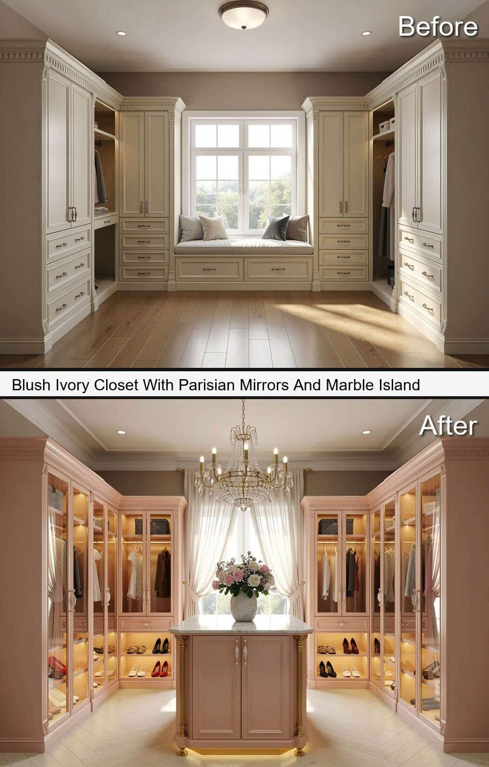 Blush Ivory Closet With Parisian Mirrors And Marble Island