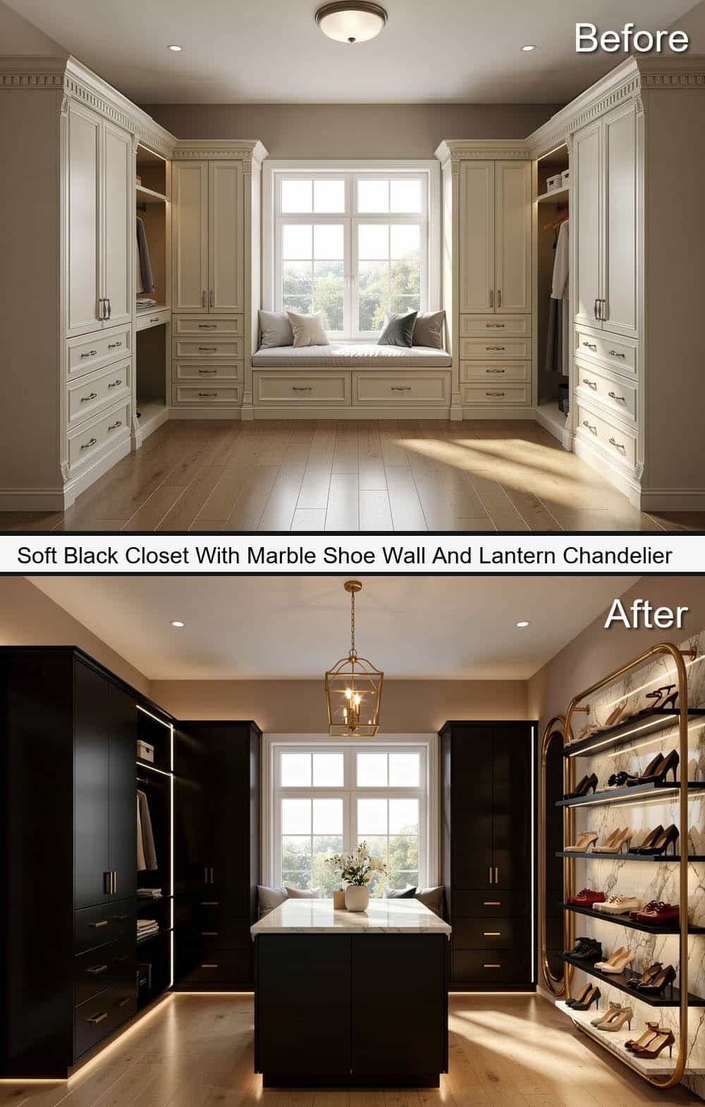 Soft Black Closet With Marble Shoe Wall And Lantern Chandelier