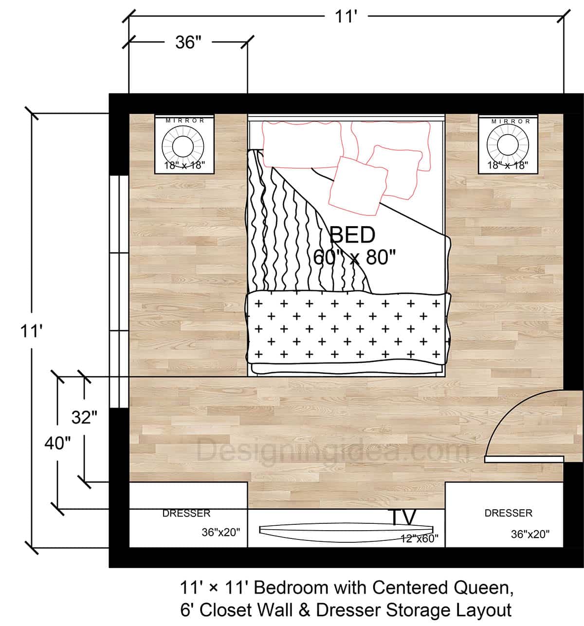 11×11 Bedroom Floor Plan with Centered Queen Size Bed, 6' Closet Wall & Dresser Storage&nbsp;