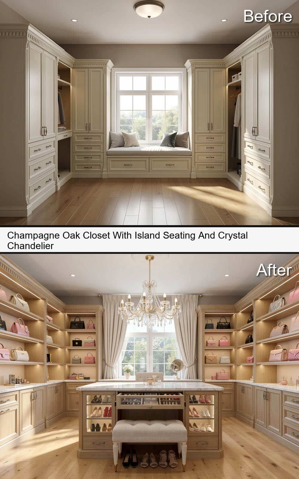 Champagne Oak Closet With Island Seating And Crystal Chandelier
