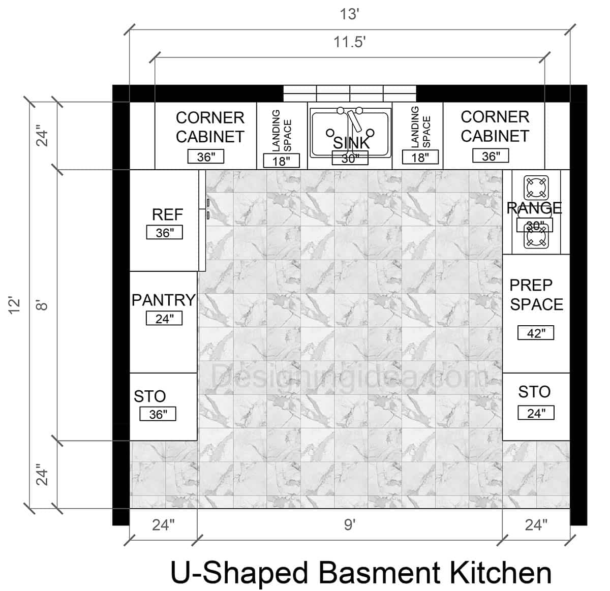 12x13 Basement with U-Shaped Kitchen Floor Plan