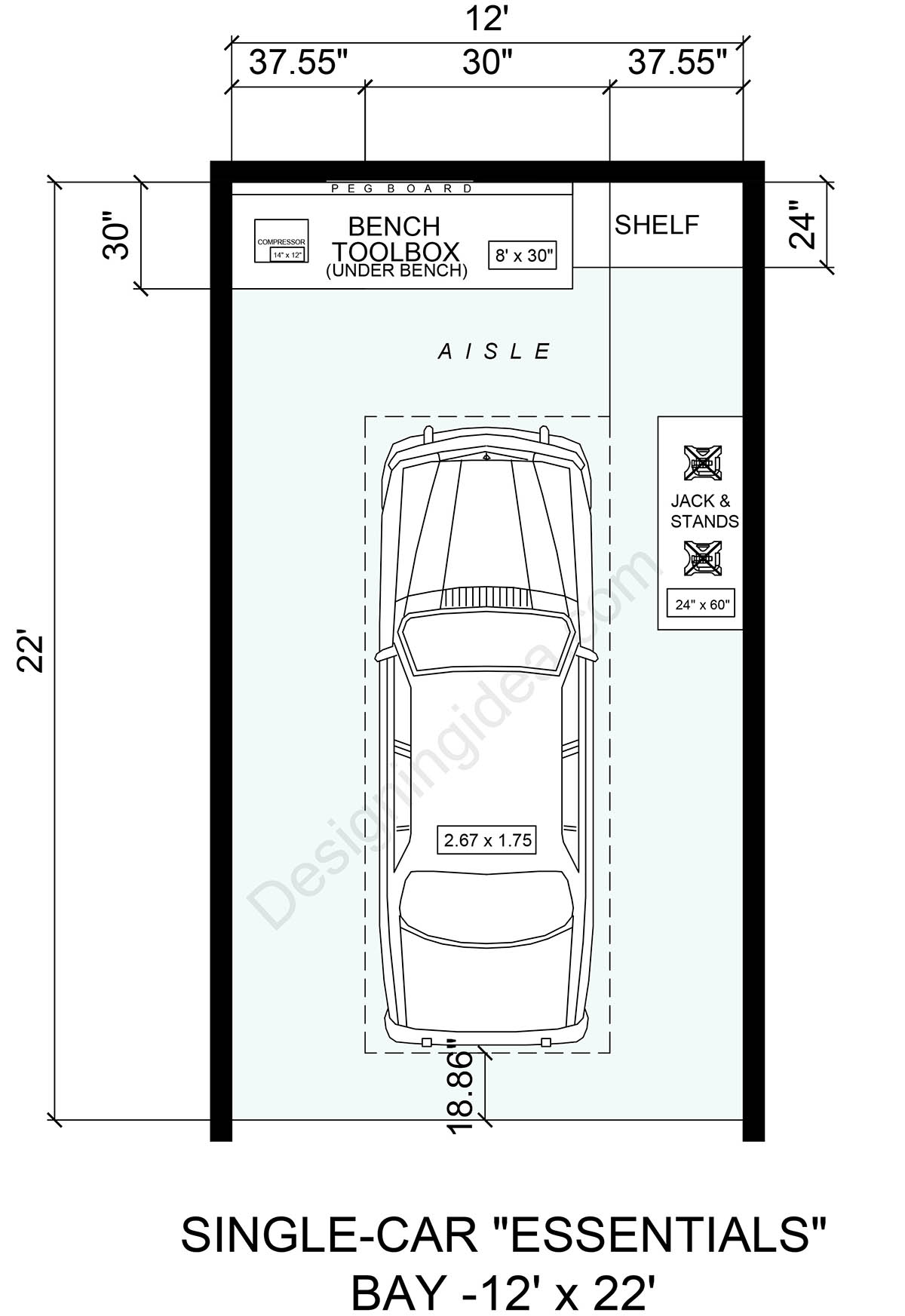 12x22 Single-Car Essentials Garage Bay Layout