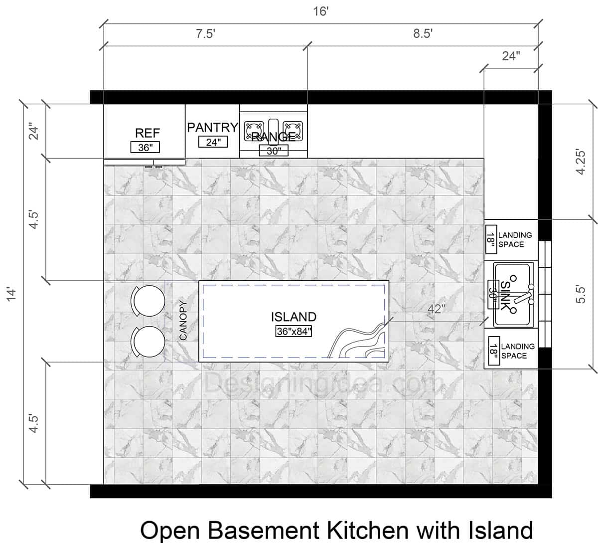 14x16 Open Basement Floor Plan with Kitchen and Island