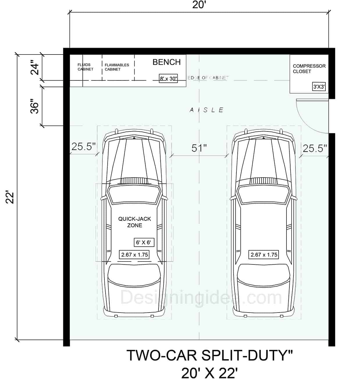 20x22 Two-Car Split Duty Garage Floor Plan