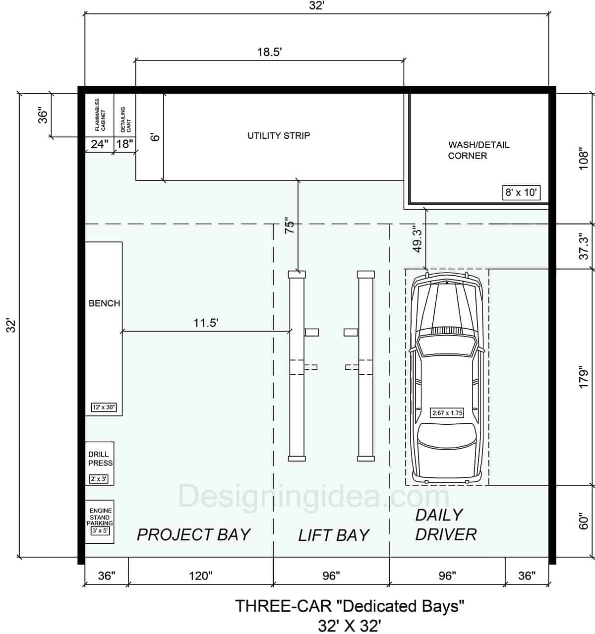 32x22 Three-Car Garage with Dedicated Parking & Workshop Bays Design