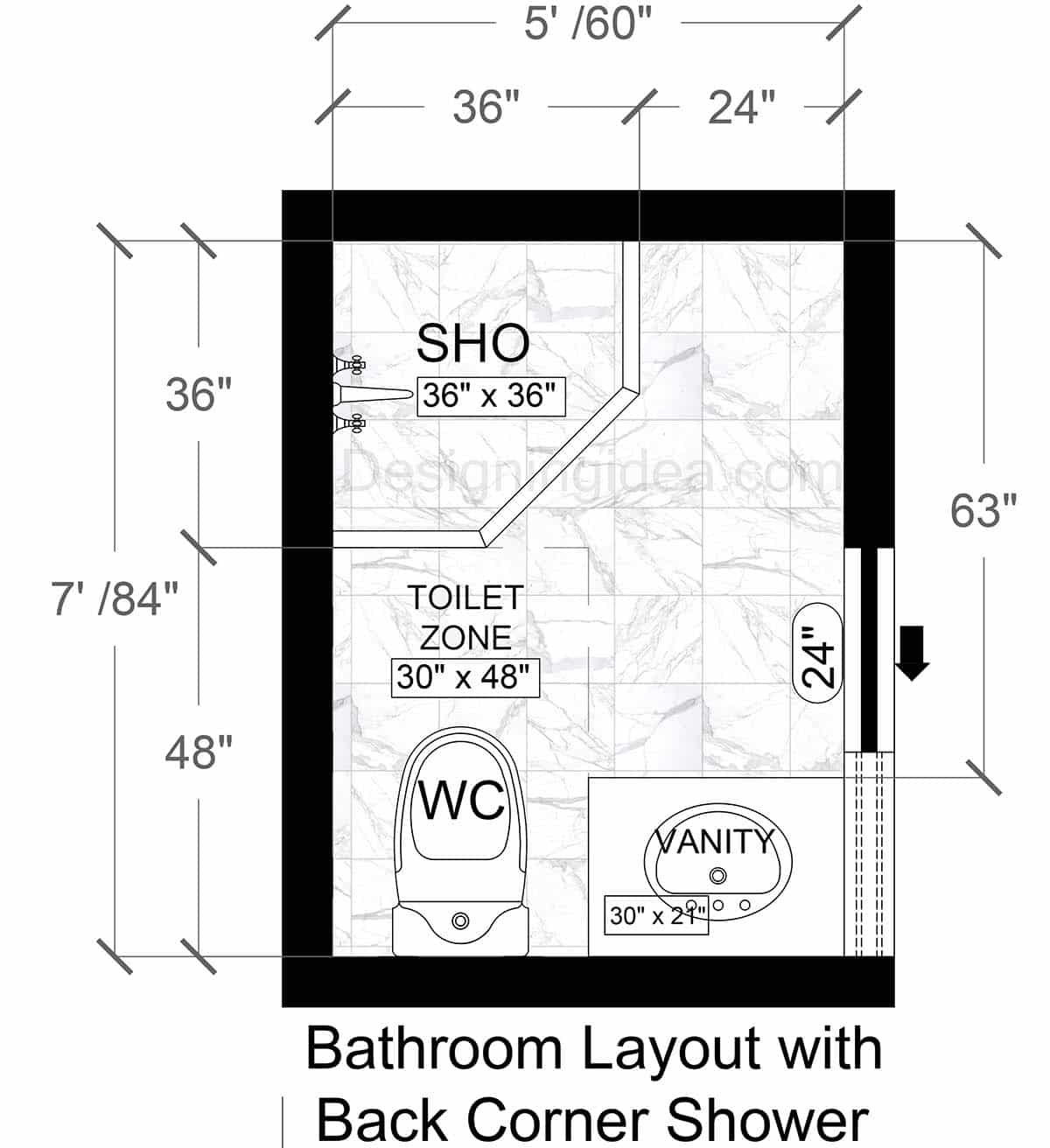 Bathroom Layout with Back Corner Shower