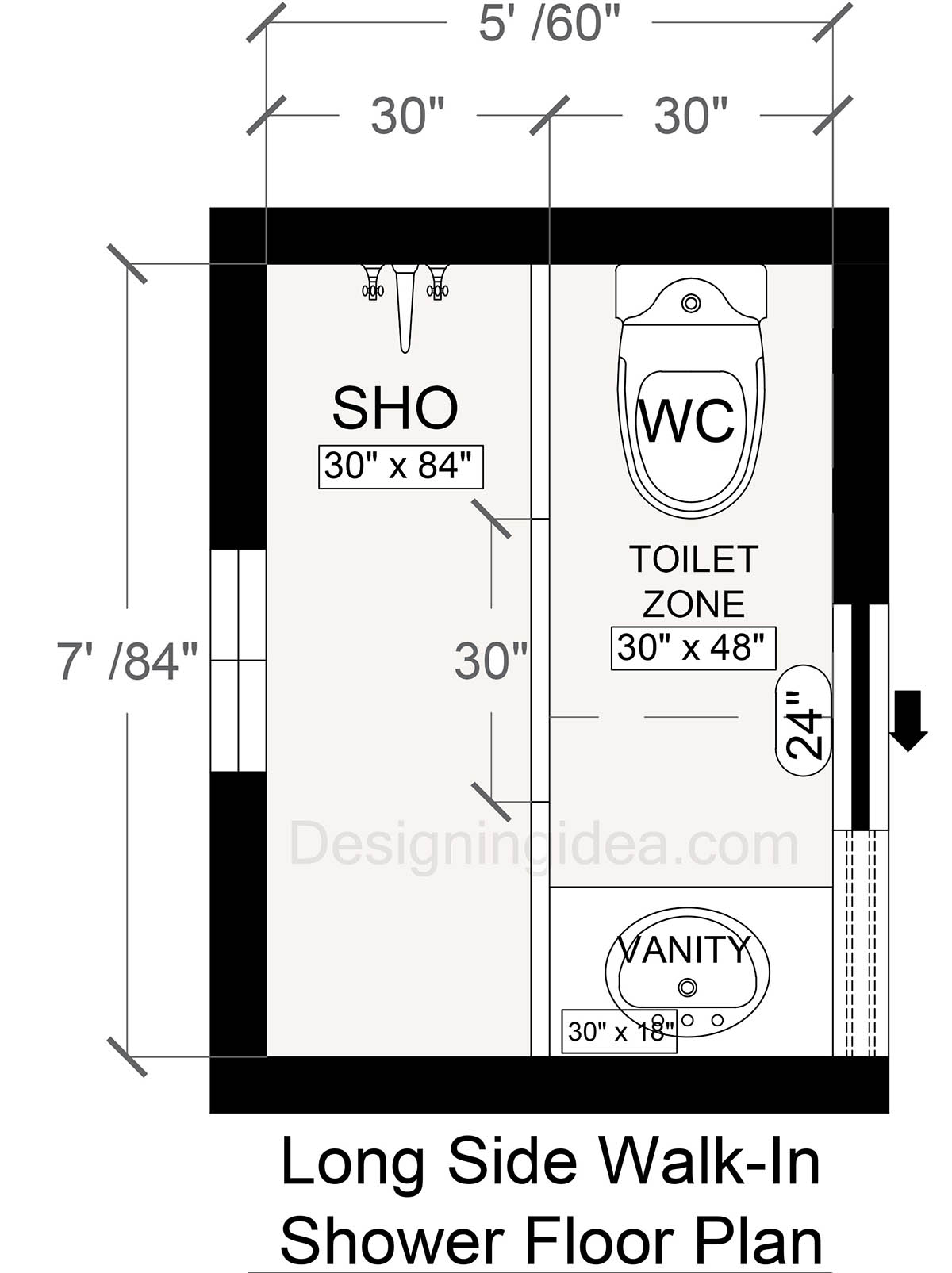 Bathroom with Long Side Walk-In Shower Floor Plan