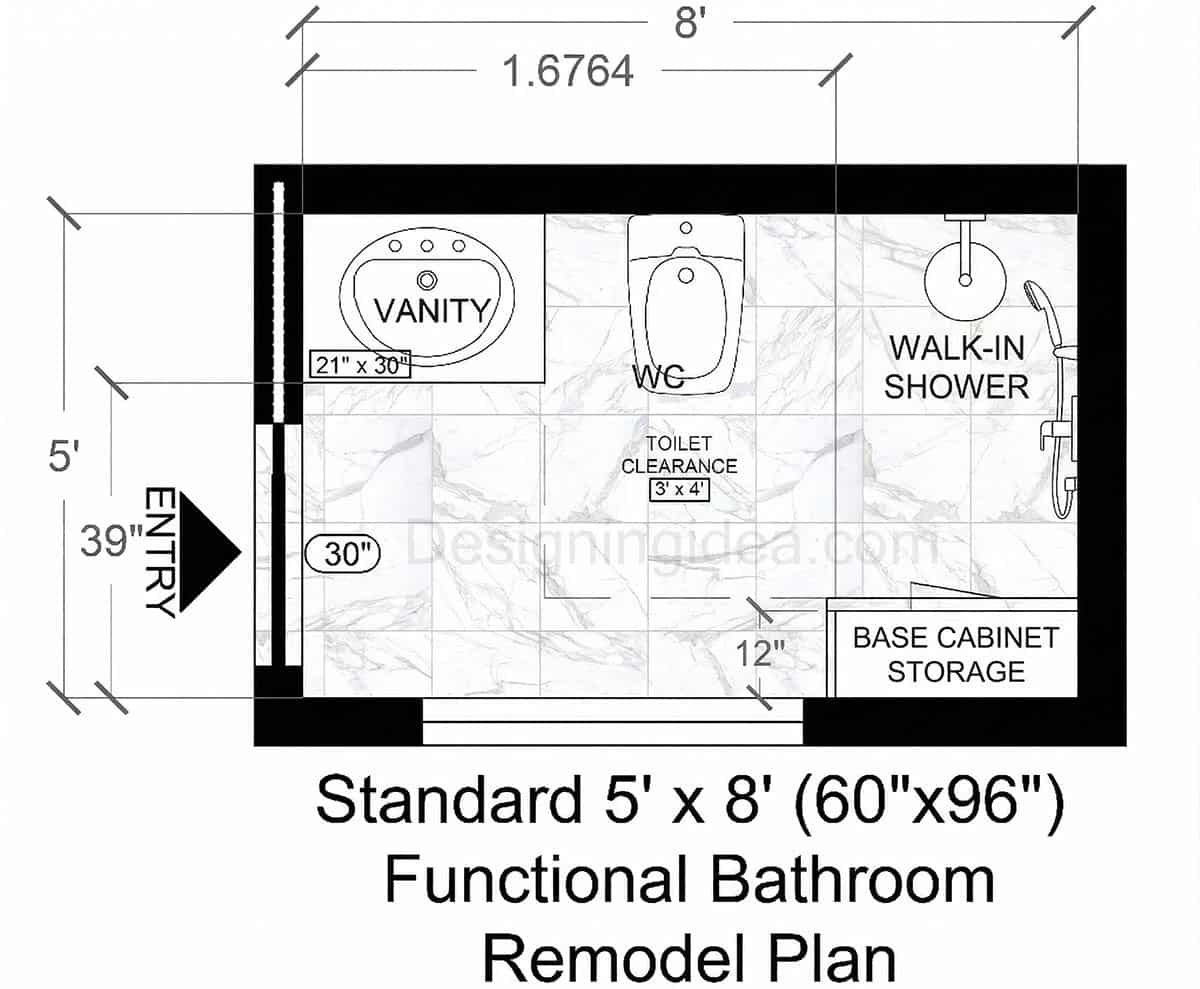 5'×8' Functional Bathroom Remodel Design Plan