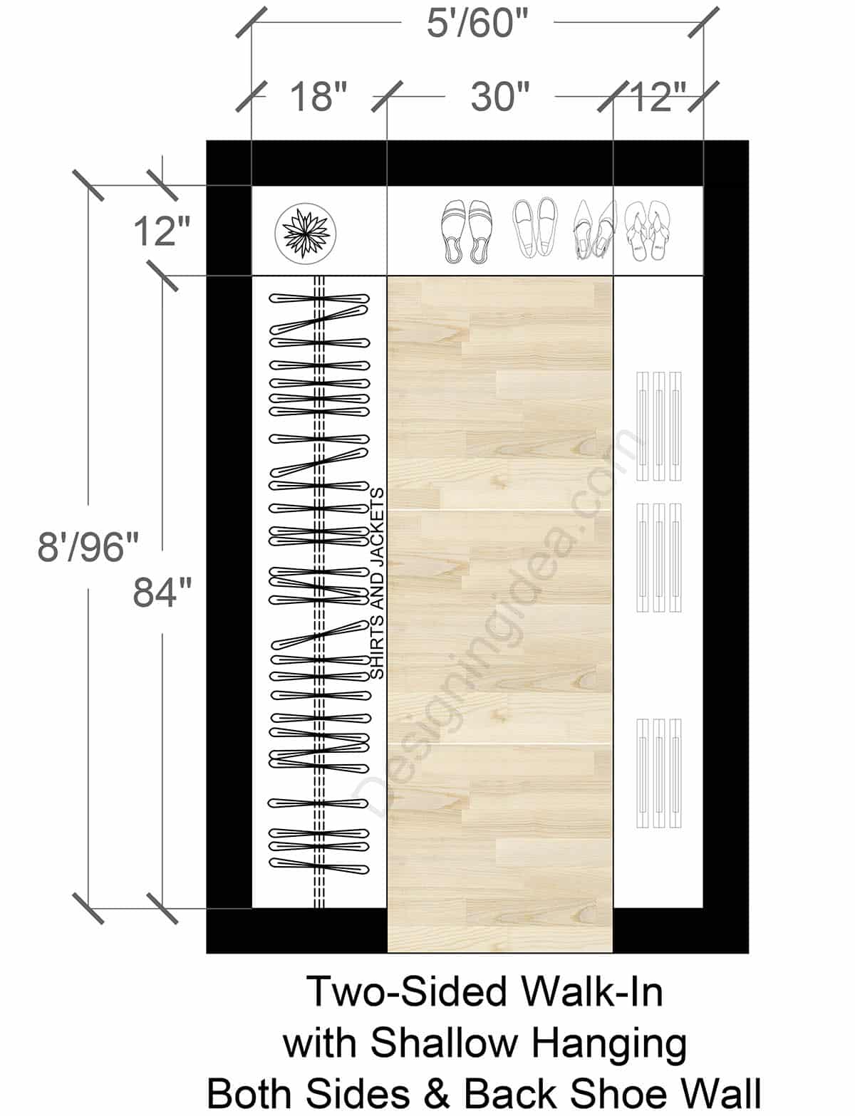 Two-Sided Closet Floor Plan with Shallow Hanging & Back Shoe Wall