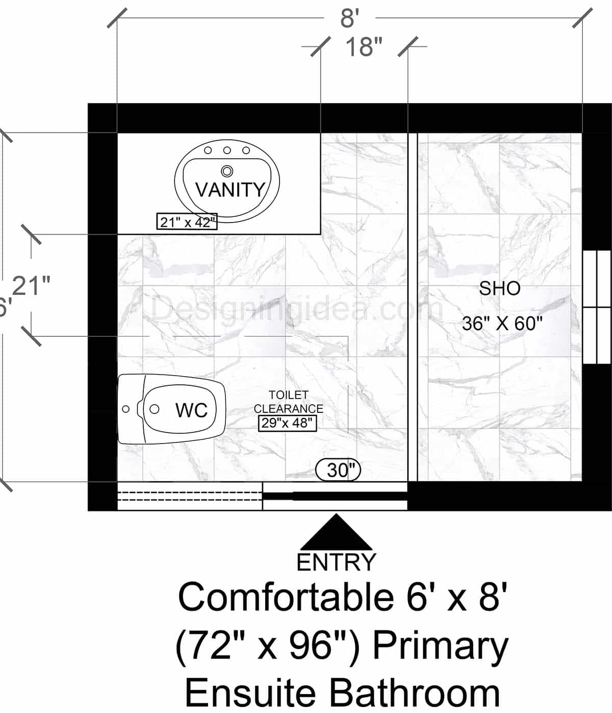 6'×8' Comfortable Primary Ensuite Bathroom Floor Plan