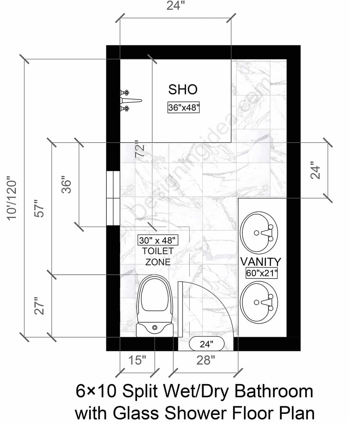6×10 Split Wet/Dry Bathroom with Glass Shower Floor Plan