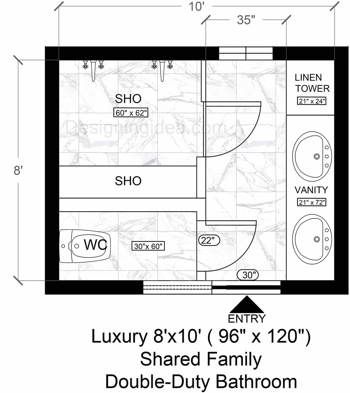 8'×10' Shared Family Double-Duty Bathroom Floor Plan