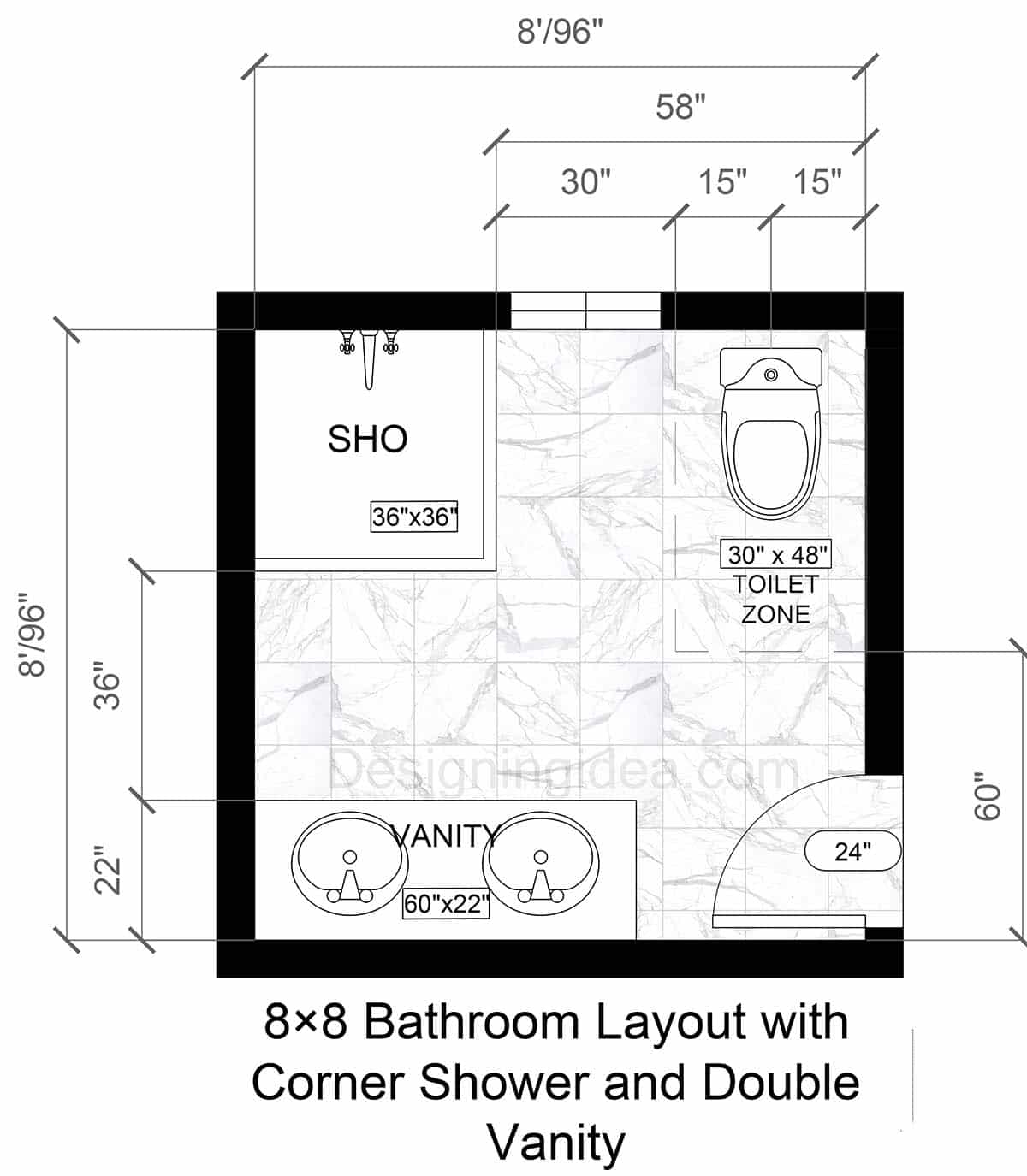 8×8 Bathroom Layout with Corner Shower and Double Vanity