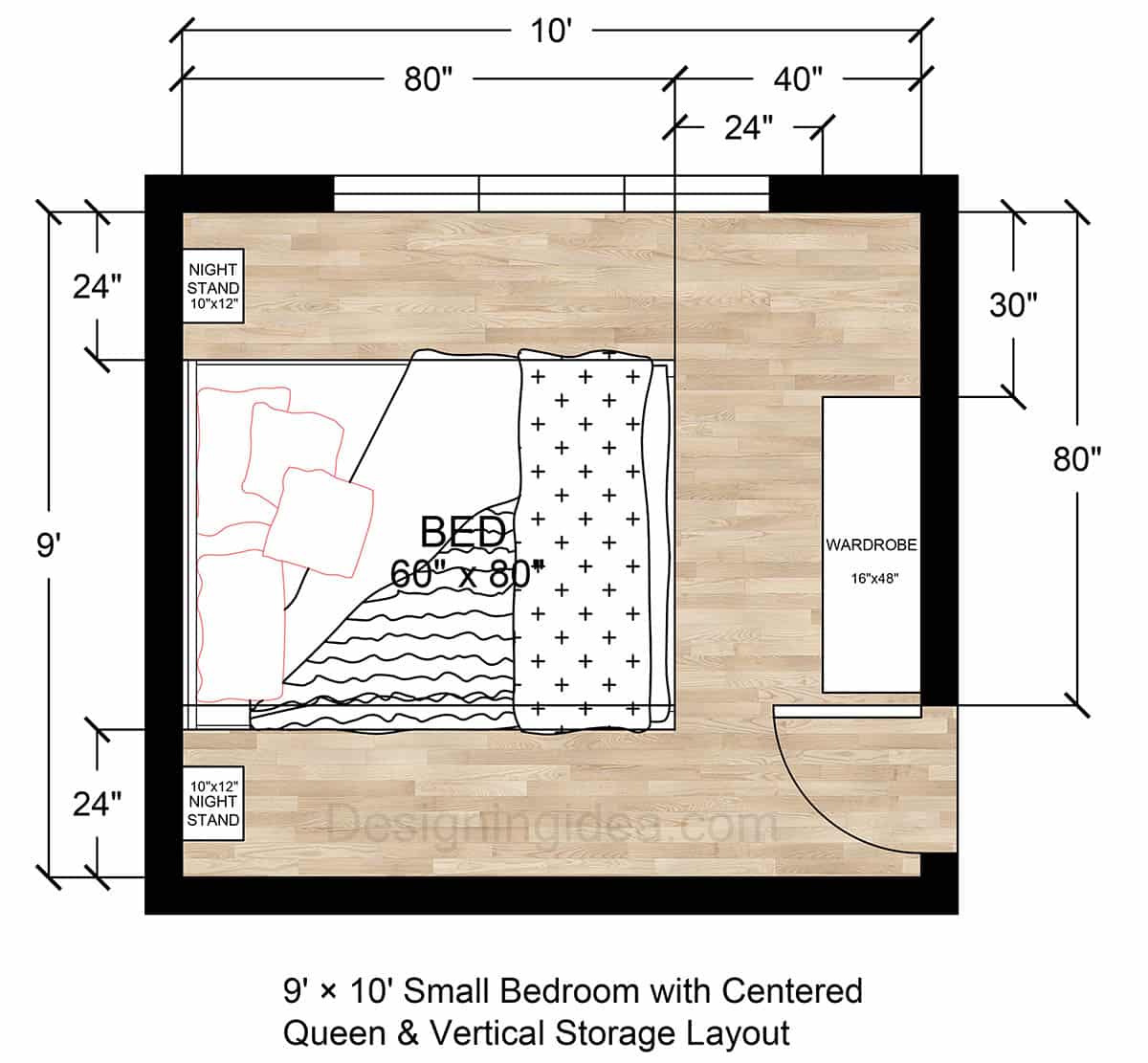 9×10 Small Bedroom with Centered Queen Bed & Vertical Storage Layout
