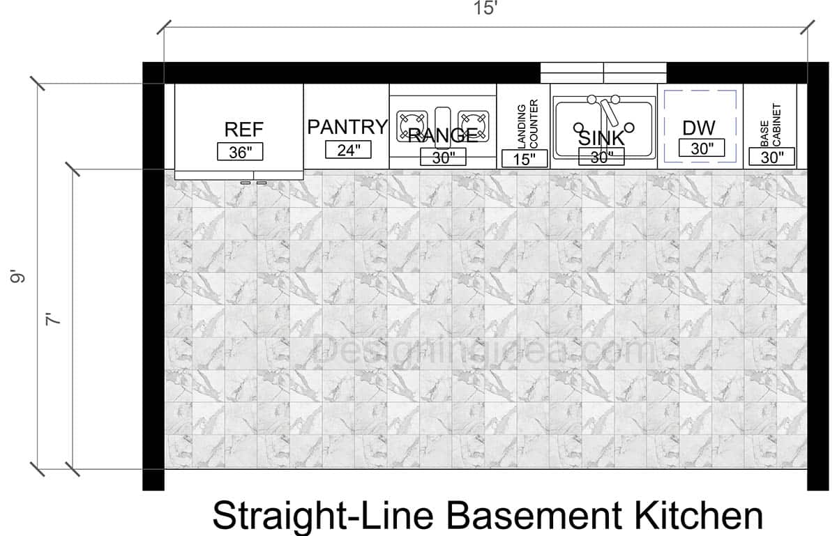 9x15 Straight-Line Basement Kitchen Layout