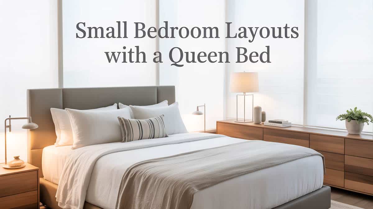 Bright and modern, small bedroom with a queen sized bed and wood dressers