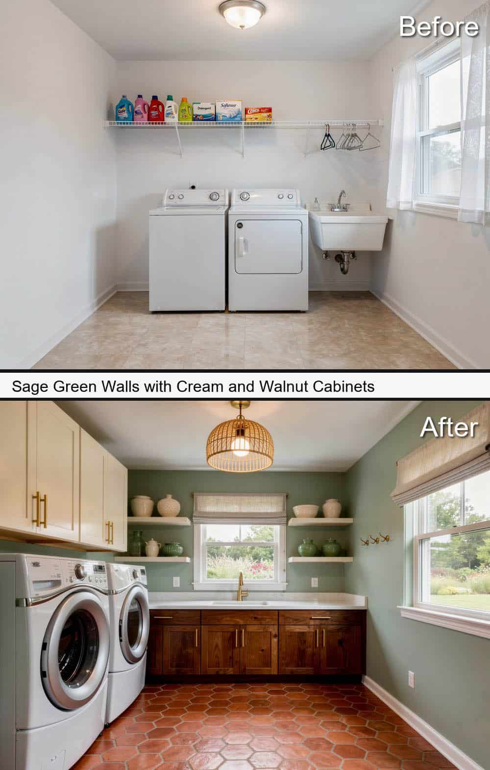 Sage Green Walls with Cream and Walnut Cabinets