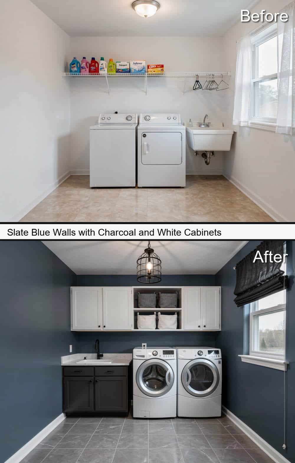 Slate Blue Walls with Charcoal and White Cabinets