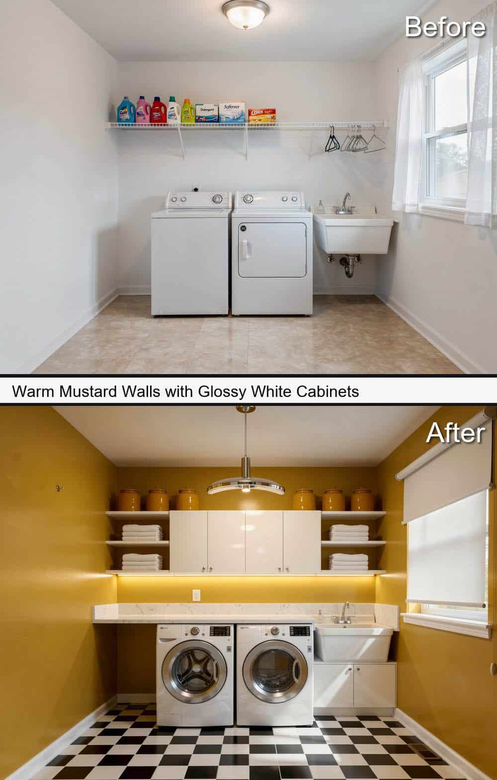 Warm Mustard Walls with Glossy White Cabinets
