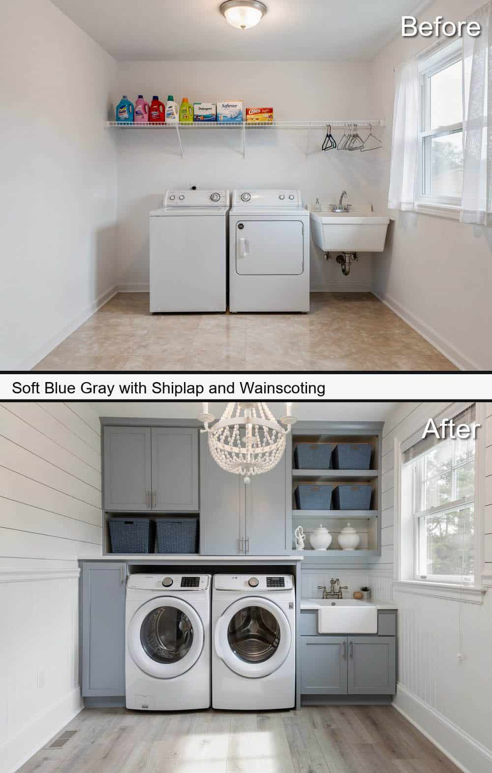 Soft Blue Gray with Shiplap and Wainscoting