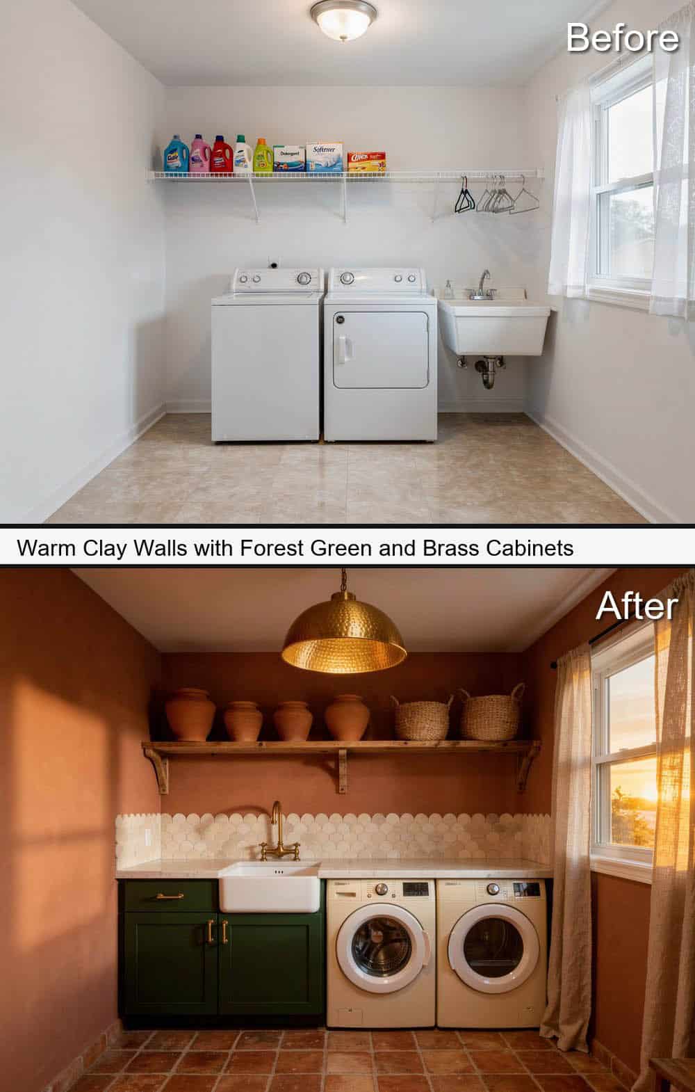 Warm Clay Walls with Forest Green and Brass Cabinets
